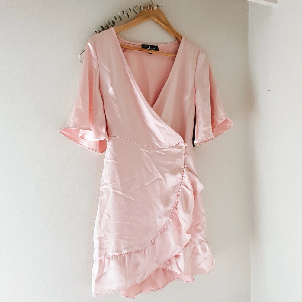 Lulus Pink Satin Wrap Dress